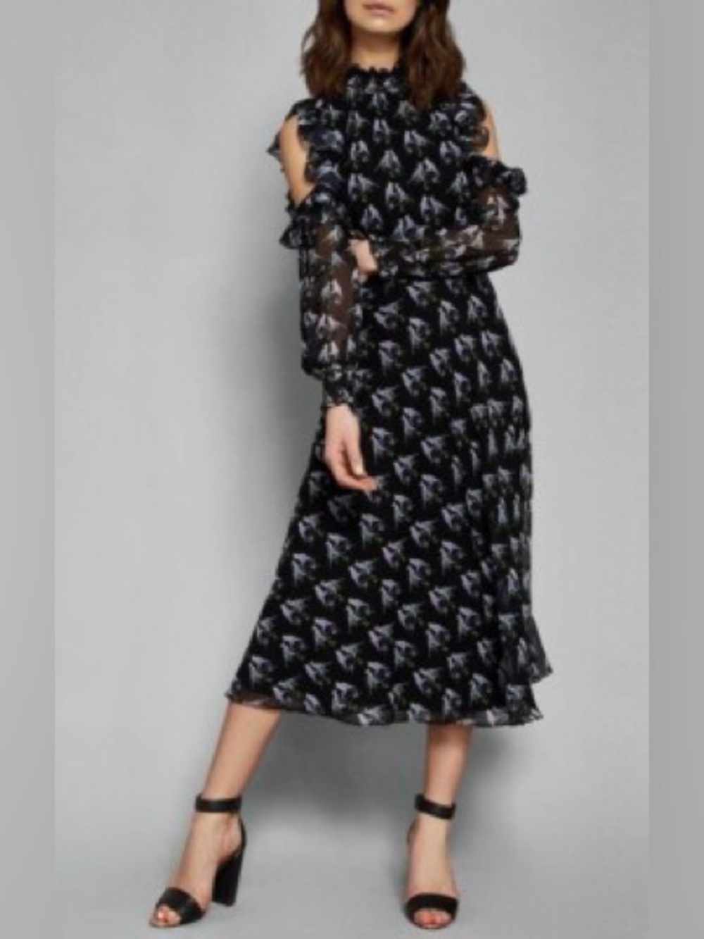 Ted Baker London Hilaina Love Birds Cold-Shoulder Ruffle Dress Size 3/US 8 NWT - Picture 2 of 10